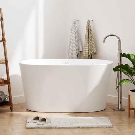 Shangri-La 47" Acrylic Freestanding Bathtub, Small Classic Oval Shape Acrylic Soaking Bathtub with Brushed Nickel Drain & Minimalist Linear Design Overflow, Modern White, Cupc Certified