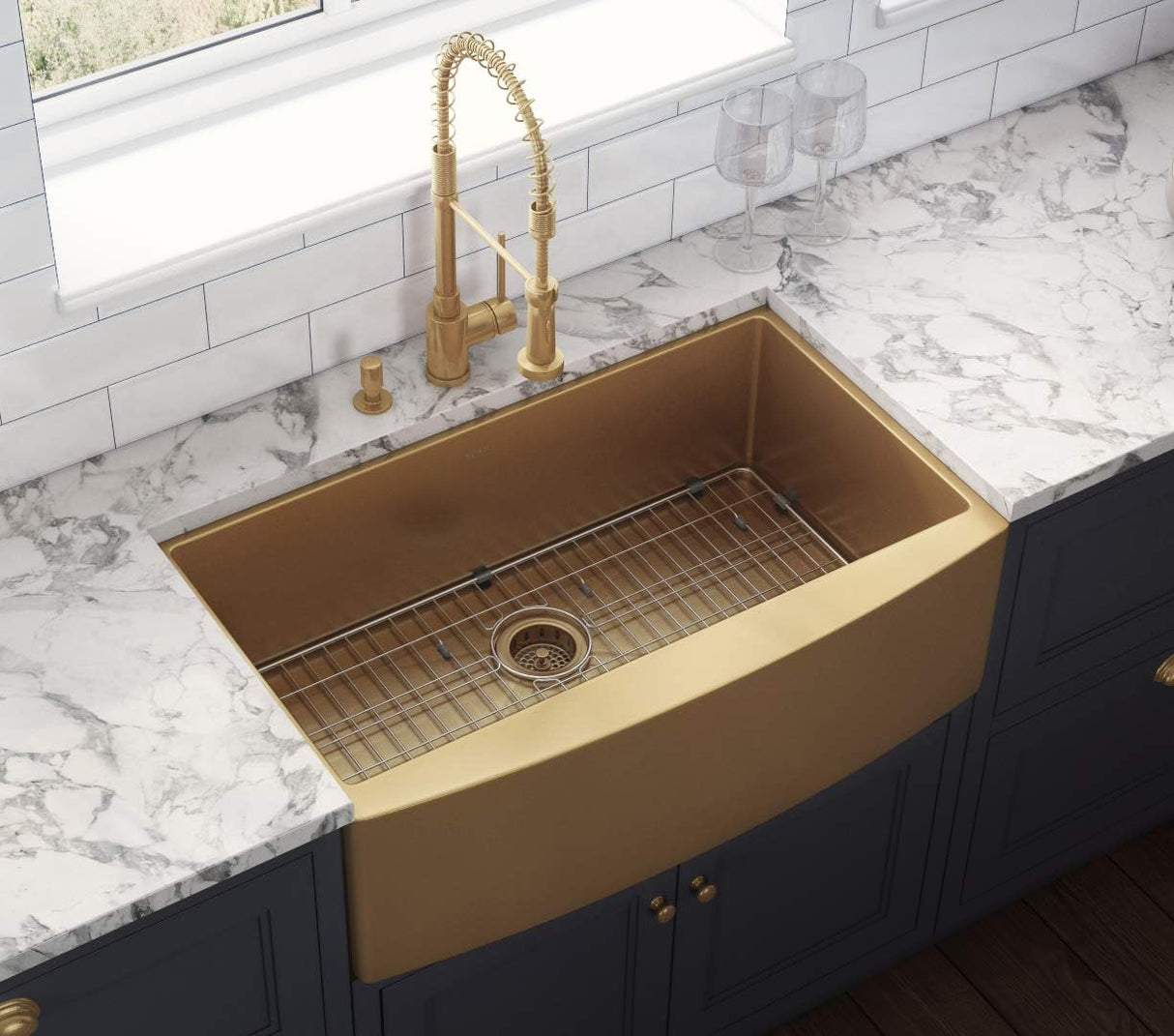 Brass Tone 33-Inch Apron-Front Farmhouse Kitchen Sink - Matte Gold Stainless Steel Single Bowl - RVH9733GG