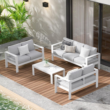 Aluminum Outdoor Patio Furniture Set, Modern Patio Conversation Sets, Outdoor Sectional Metal Sofa with 5 Inch Cushion and Coffee Table for Balcony, Garden, Light Grey