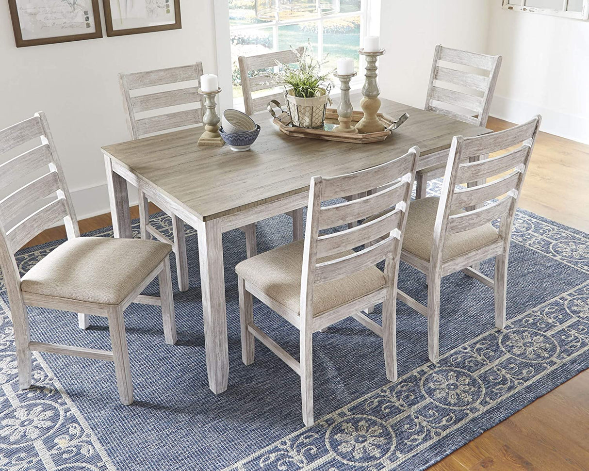 Skempton Cottage Dining Room Table Set with 6 Upholstered Chairs, Whitewash, 36"W X 60"D X 30"H