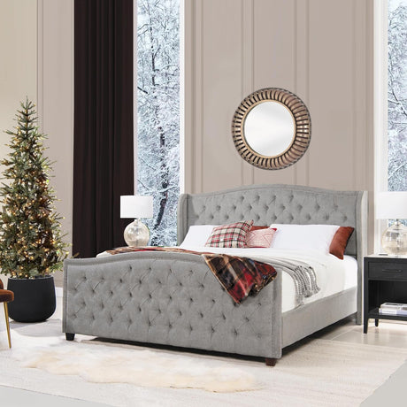 Anastasia Upholstered Shelter Headboard Bed Set, King, Silver Grey Polyester