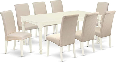 Dover 9 Piece Modern Set Includes a Rectangle Wooden Table with Butterfly Leaf and 8 Cream Fabric Parsons Dining Chairs, 42X78 Inch, Linen White