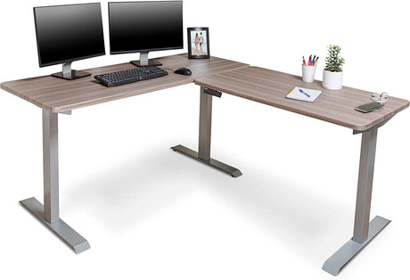 Electric Standing L Desk with Power Charging Station, Adjustable Height Sit Stand Home Office Desk, L Shaped Computer Desk, 67X59 Inches Corner Stand up Desk, Oak Top with Gray Frame