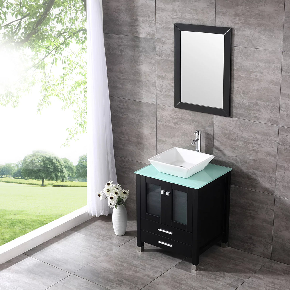 Walcut 24'' Black Wood Bathroom Vanity Cabinet Tempered Glass Countertop Ceramic Sink W/ Mirror