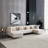 U-Shape Sofa Linen Sectional Sofa with Golden Feet-Grey Modern 4 Seater Sectional Couch with Ottoman Living Room Furniture Sets