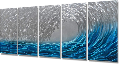 Handmade Silver and Blue Waves Metal Wall Art 3D Decorative Hanging Artwork Large Home Decor in Ocean Design for Office Living Room Decoration