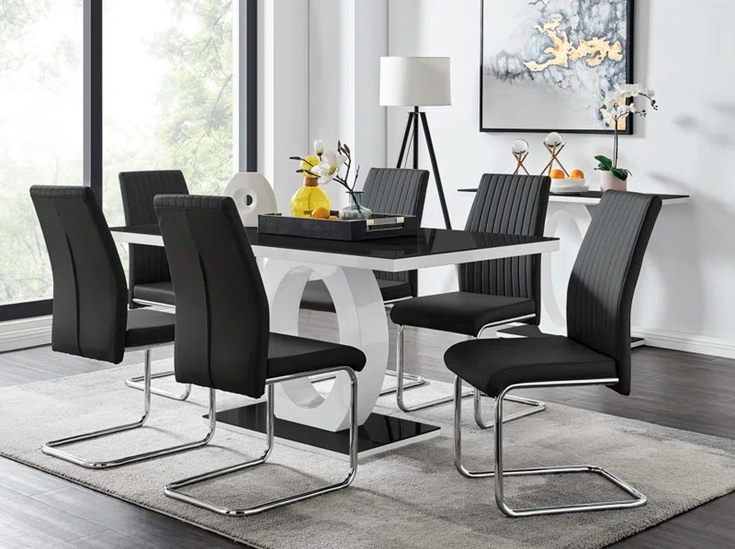 Scottsmoor Modern High Gloss Halo 6 Seater Dining Table Set with Luxury Faux Leather Dining Chairs