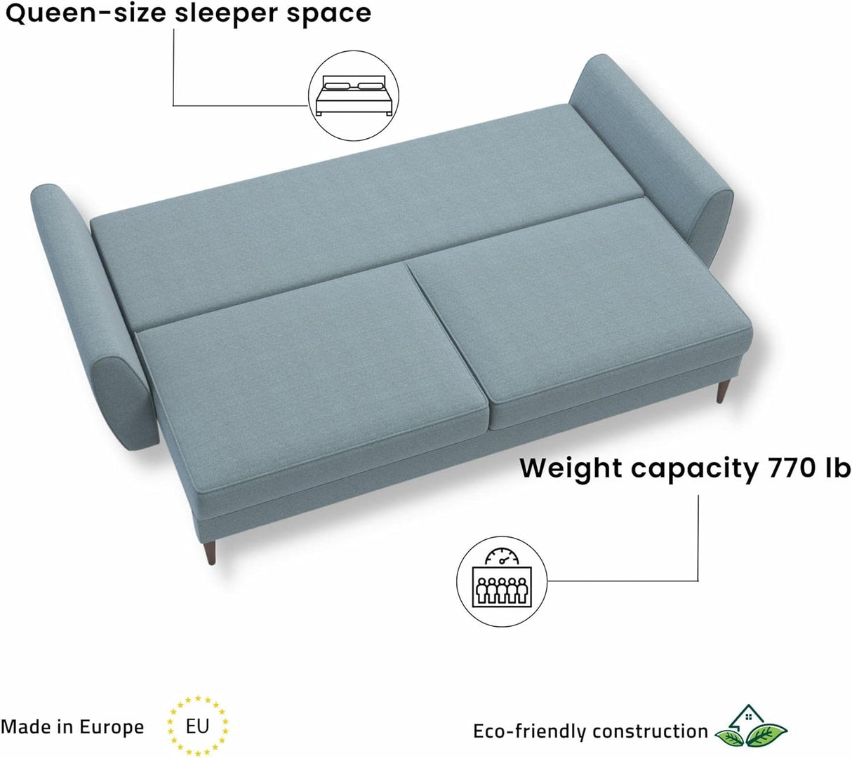 Modern Alisa Sleeper Sofa Bed - Storage Pull Out Couch, Revolution Performance Fabrics, Pine Wood, Birch Legs, Sleek Unique Arms, Made in Europe, Queen Size - Aquamarine