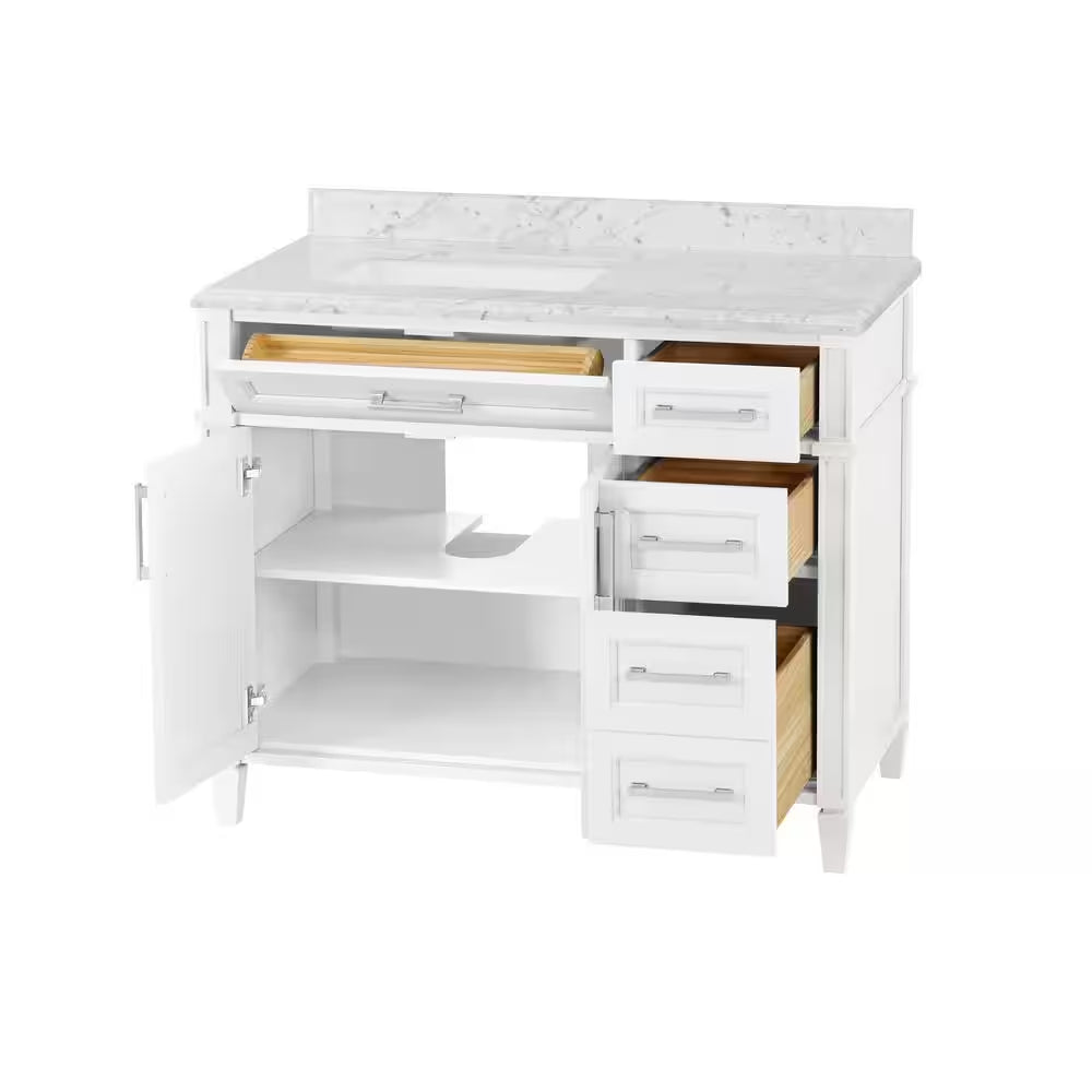 Caville 42 In. W X 22 In. D X 34 In. H Single Sink Bath Vanity in White with Carrara Marble Top