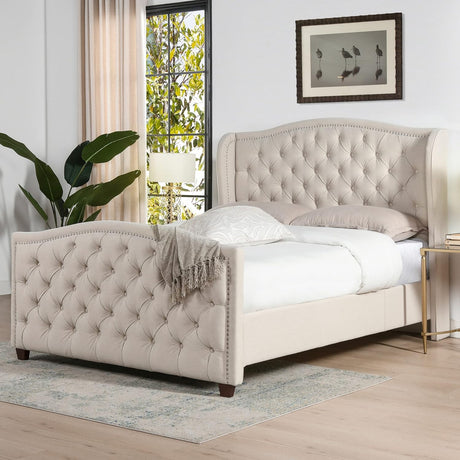 Anastasia Upholstered Shelter Headboard Bed Set, Queen, Sky Neutral Beige Polyester