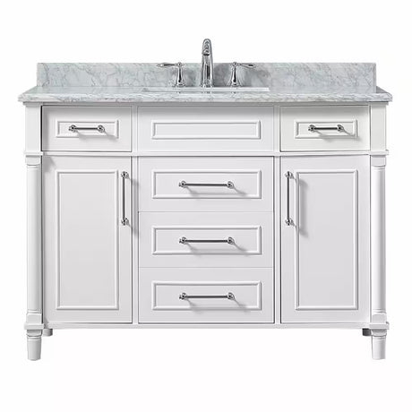 Aberdeen 48 In. Single Sink Freestanding White Bath Vanity with Carrara Marble Top (Assembled)
