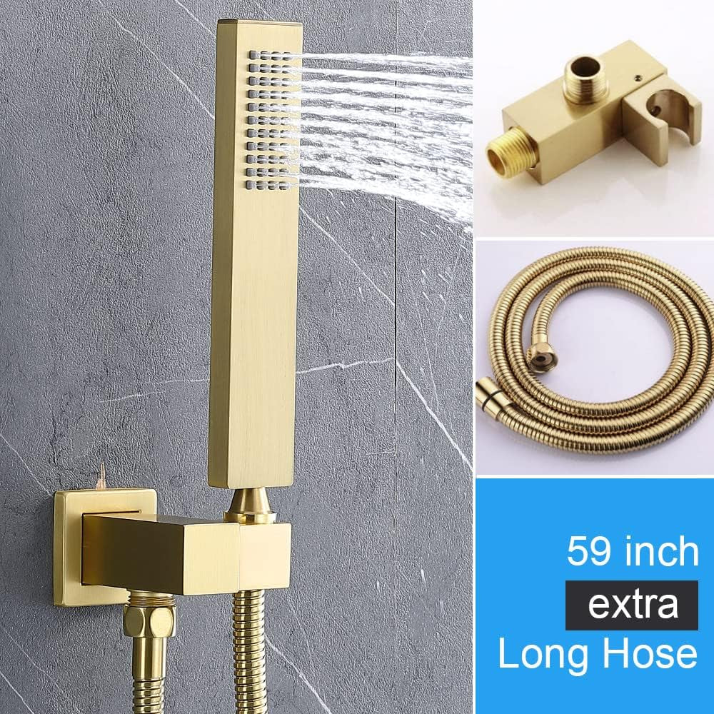 Brushed Gold Shower System - 12" LED Square Ceiling Rain Head with High Pressure Handheld and Full Body Spray Jets