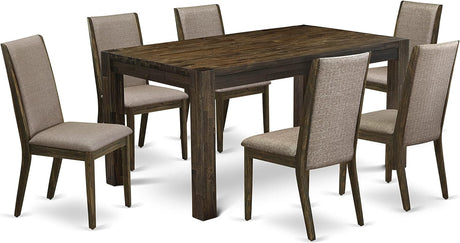 CNLA7-77-16 7 Piece Dining Room Furniture Set Consist of a Rectangle Rustic Wood Dining Table and 6 Dark Khaki Linen Fabric Parsons Chairs, 36X60 Inch, Jacobean