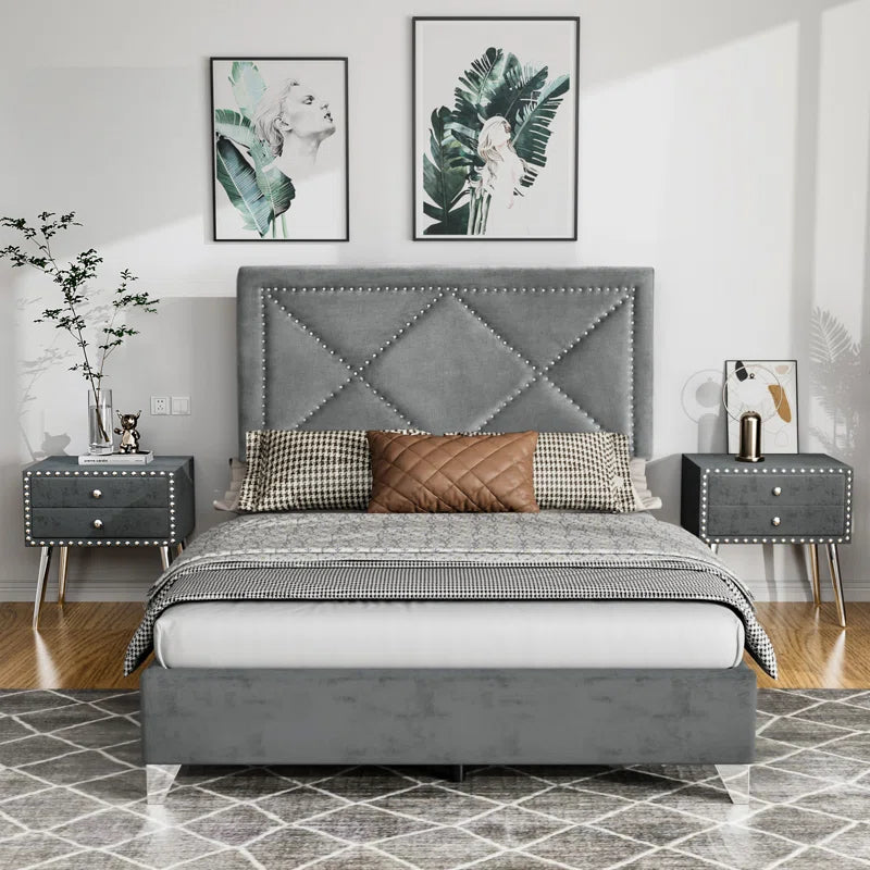 Upholstered 3 Piece Bedroom Set Platform Bed and Two Nightstand with Nailhead Trim