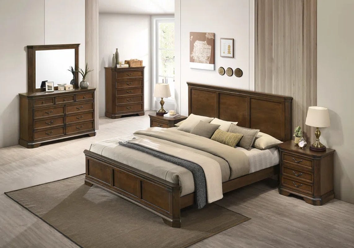 Ailany Traditional Wood Panel Bed with Dresser, Mirror, Nightstand, Chest, Queen, Antique Walnut Finish