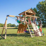 Endeavor All Cedar Wood Children Swing Set Playset W/ Elevated Clubhouse Climbing Wall Swings Web Swing and Green Slide