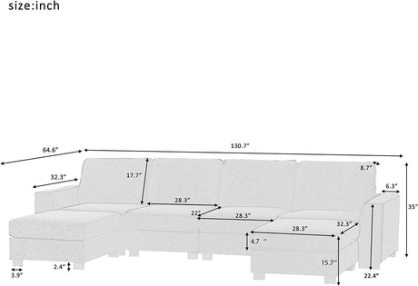 131" Modern Large Sectional Sofa,U Shape Upholstered Couch,Modular Sectional Sofa with 2 Removable Ottomans,Thickened Cushion Back & Wide Square Arms,4 Seat Sofa for Living Room (Gray)