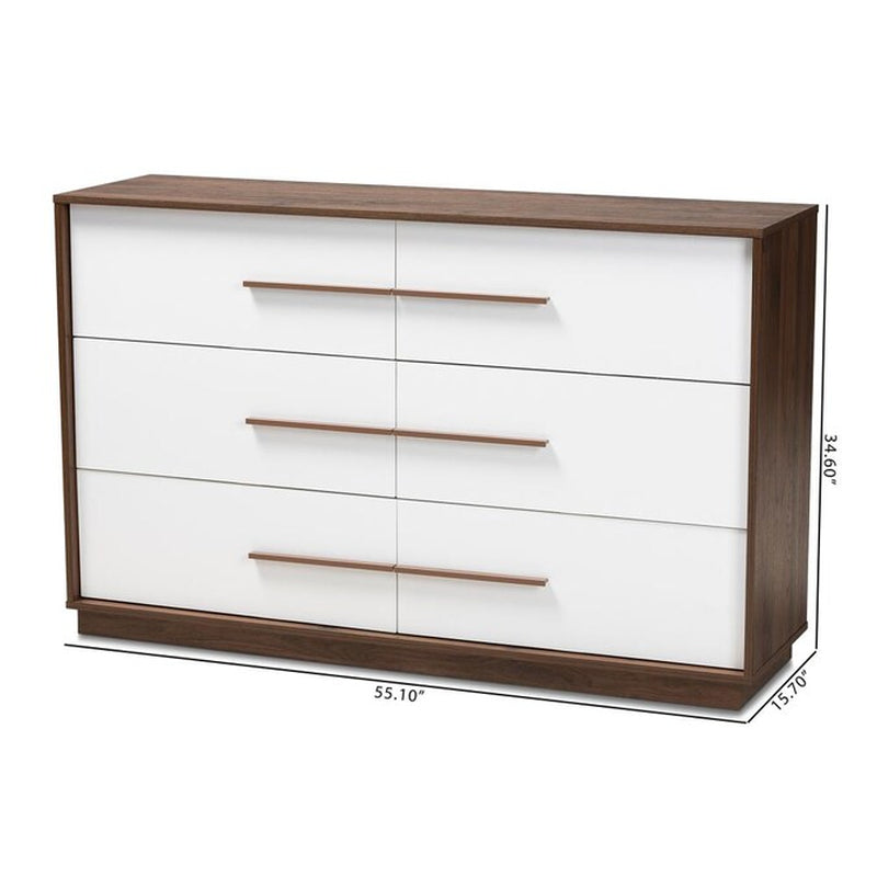 Baxton Studio Mette White/Walnut 6-Drawer Standard Dresser