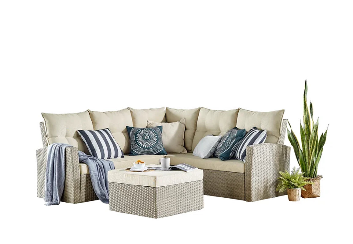 Pangkal Pinang 78"W All-Weather Wicker Outdoor Double Loveseat and Large Ottoman with Cushions