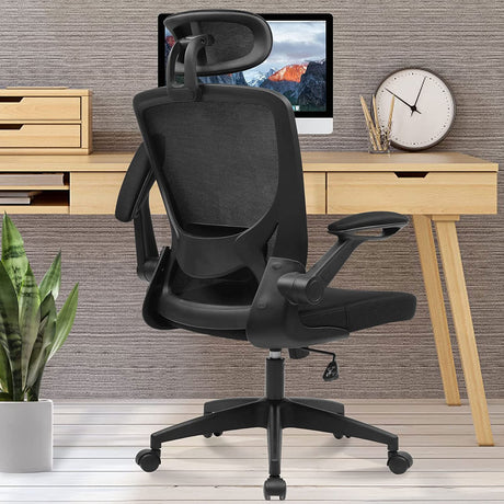 Ergonomic Office Chair, Breathable Mesh Desk Chair with Headrest and Flip-Up Arms for Office,Gaming,Computer Lumbar Support Swivel Task Chair, Adjustable Height,Black