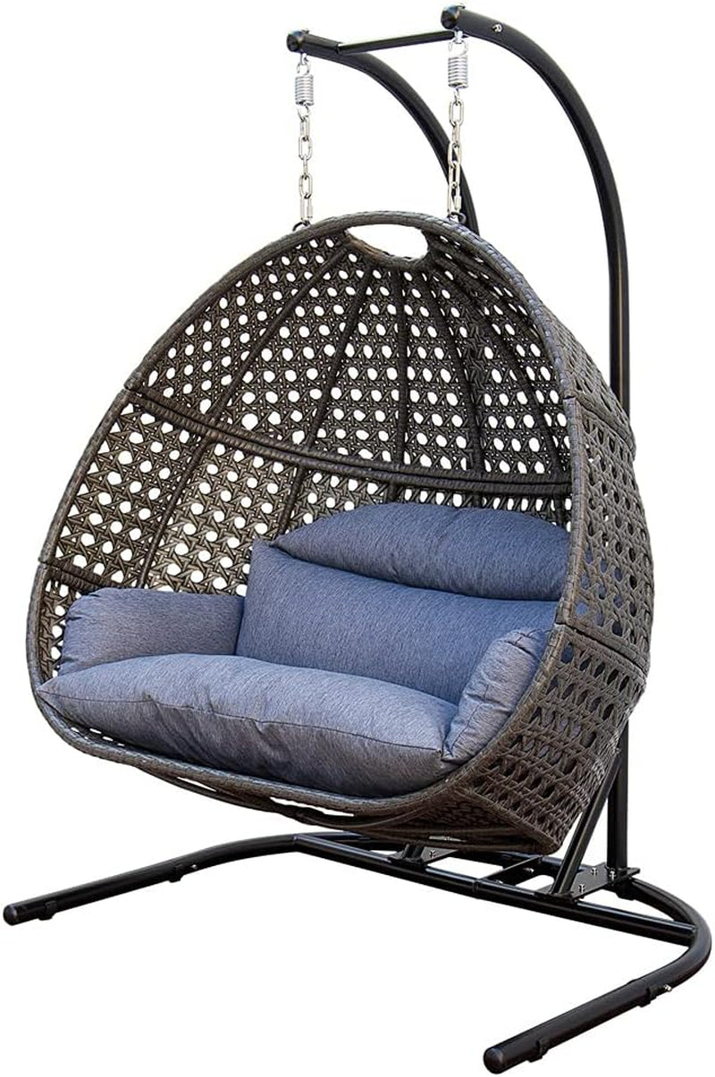 Double Egg Chair with Stand, 2 Person Heavy Duty Hanging Wicker Rattan Swinging Chair Hammock Nest Chair for Indoor Outdoor Patio Lounger Swinging Loveseat Perfect for Balcony Garden - Dust Blue