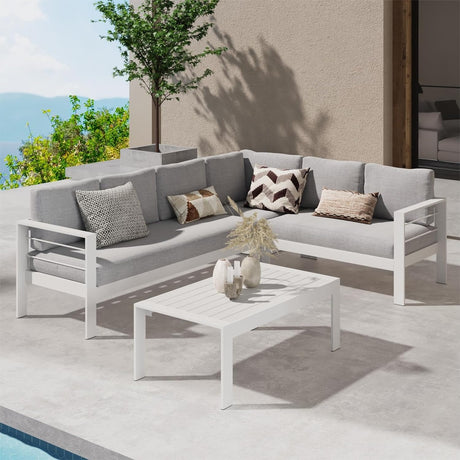 Patio Furniture Set, Outdoor Aluminum Sectional Sofa Couch with Coffe Table, All-Weather Metal Conversation Set with Upgraded Light Grey Cushion