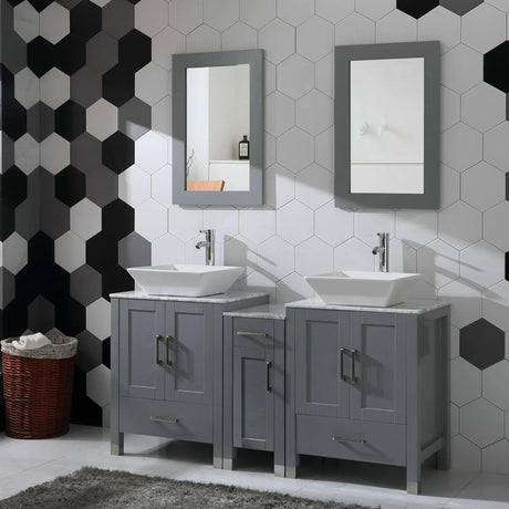60" Bathroom Vanity Cabinet Double Sink Marble Top Solid Wood Grey Painted W/Mirror, Faucet and Drain Set