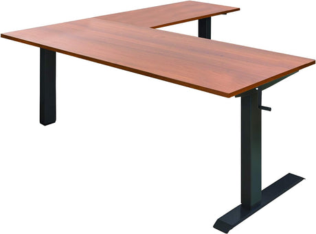 Stand up Desk Store Crank Adjustable Height L-Shaped Standing Desk with Steel Frame (Black Frame/Teak Top, 72" Wide)