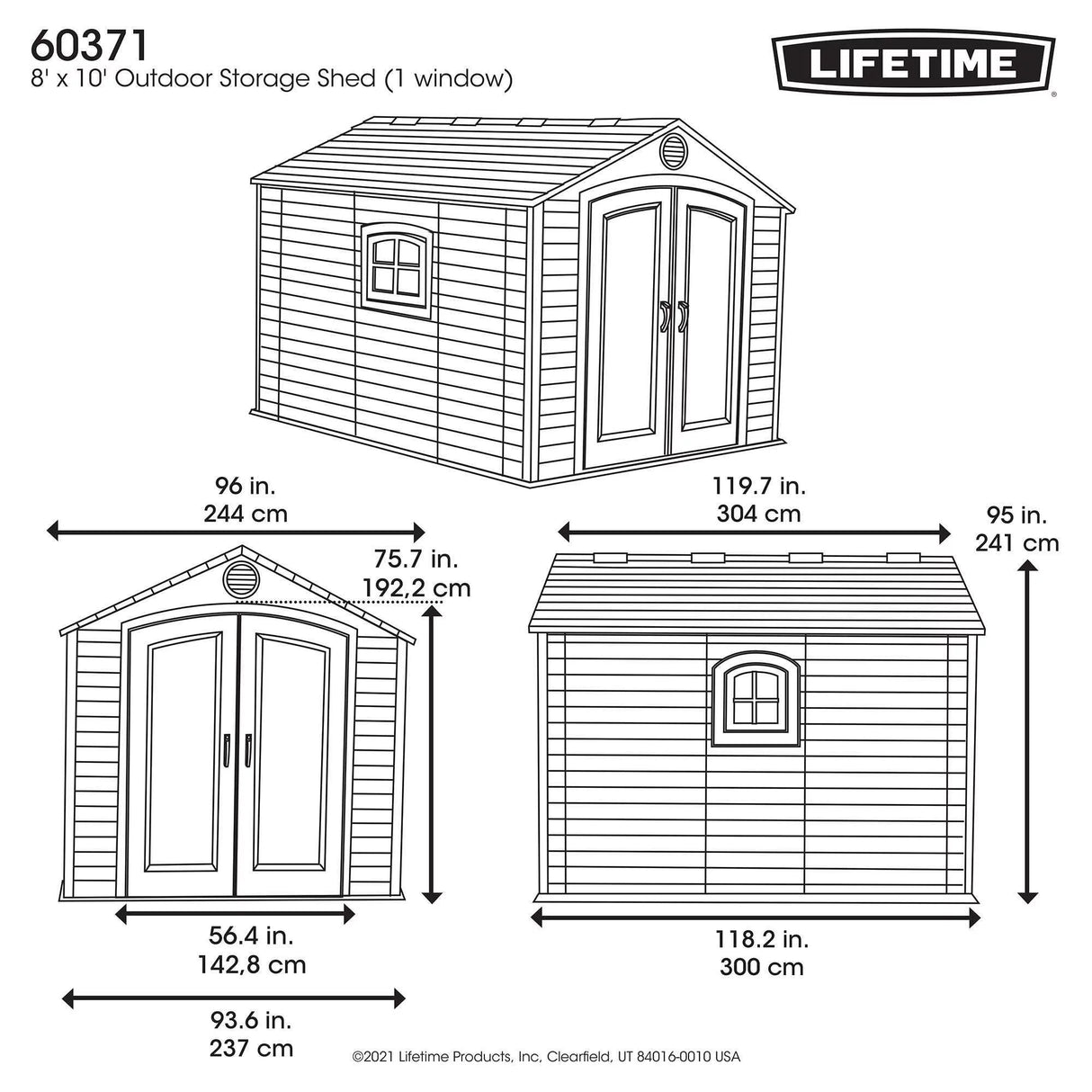 Lifetime Polyethylene Storage Shed, 71.25 Sq. Ft., 8 Ft. X 10 Ft. X 8 Ft., Tan/Gray (60371)